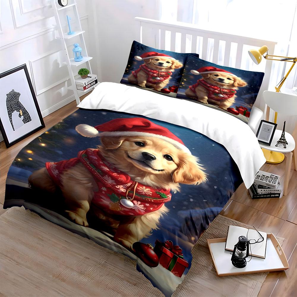 Golden Retriever Christmas Scene Bedding Duvet Cover Set (1*Duvet Cover 2*Pillowcases, without duvet insert)