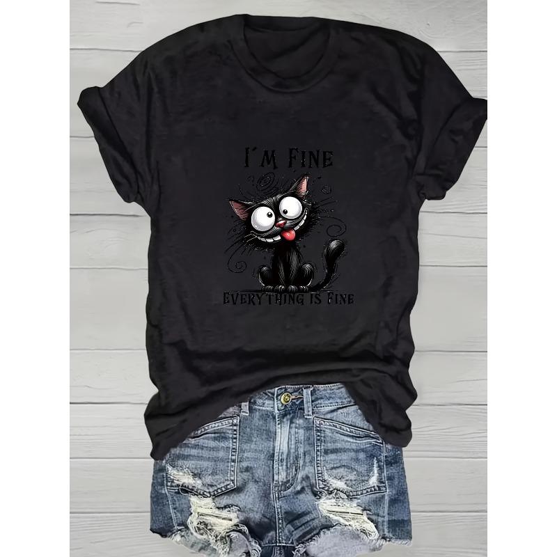 European Size Vintage "I'm Fine, Everything'S Fine" Cat Graphic T Shirt- Light Blue Casual Short Sleeve Crew Neck, Casual Women'S Multifunctional