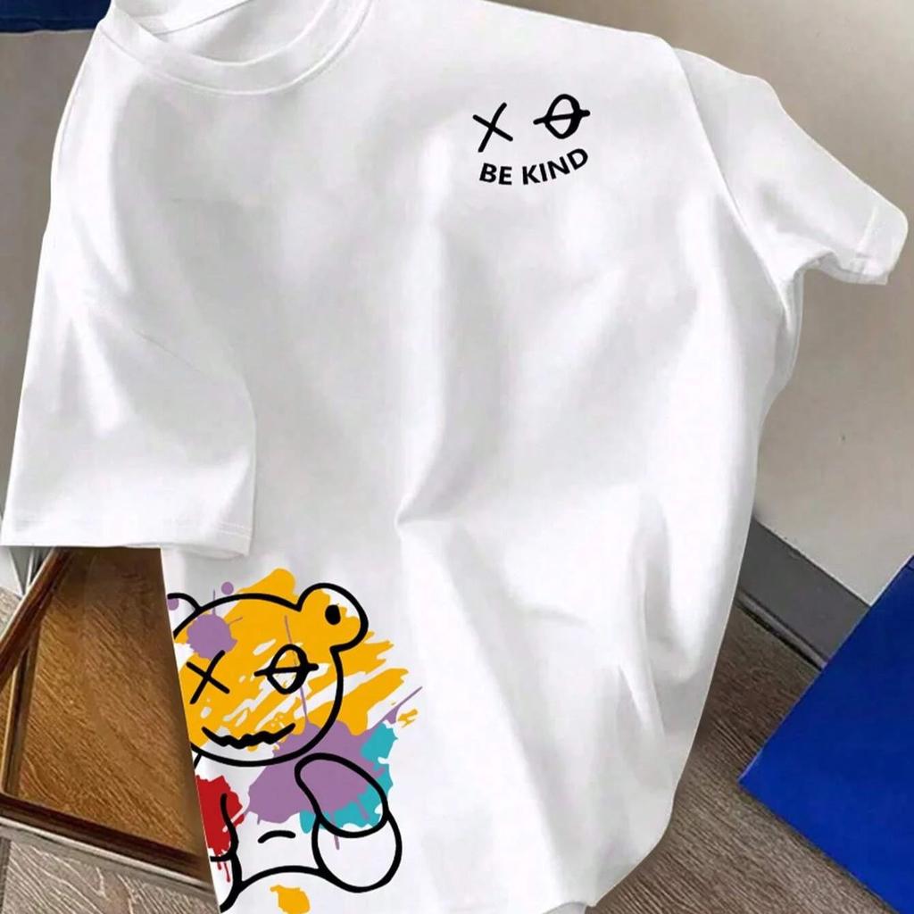 Men's 100% pure cotton summer loose size BE KIND letter cartoon print casual comfortable round neck short sleeved T-shirt top