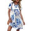 Women's Short Sleeve Floral Print Casual Dress Round Neck Waist Tie with Pockets Lightweight Summer Dress for Daily Wear