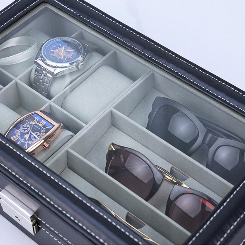 PU Watch Display Box Large Capacity Watch Glasses Sunglasses Storage Box with Transparent Observation Window