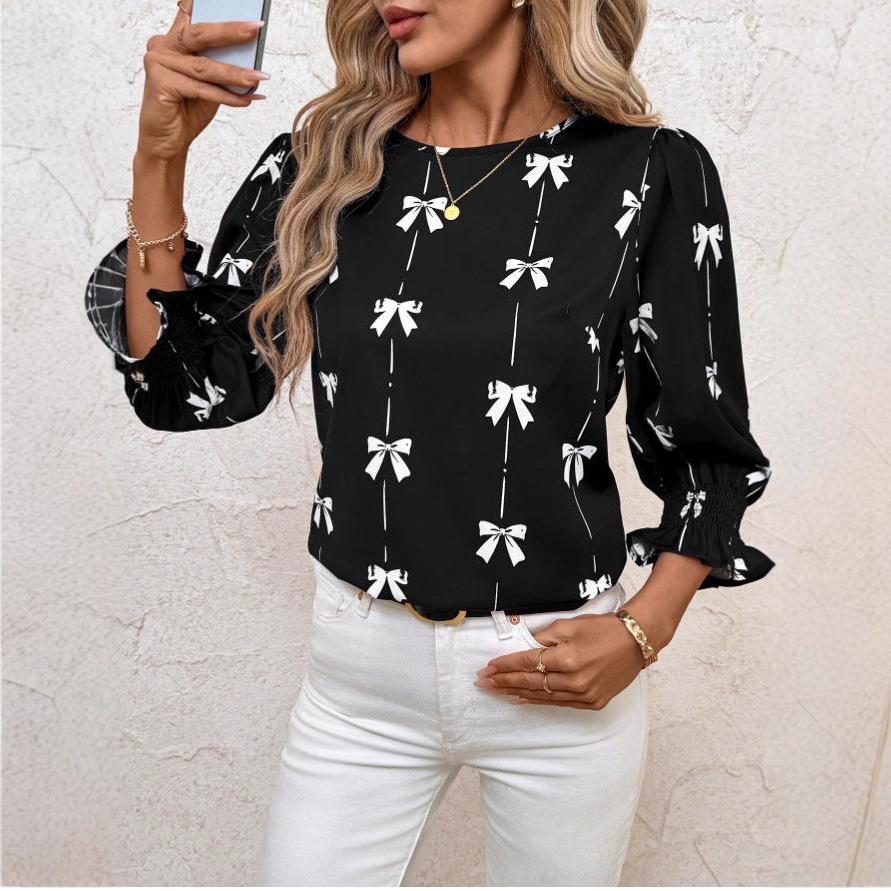 Brown and White Checked Mid-Sleeve Shirt with Ruffle Cuff Detail