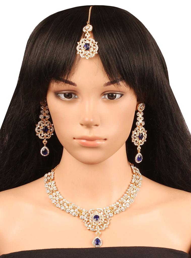 Touchstone Women's Indian Jewelry Set, Gold Wedding Tikka Necklace Set, Guest Costume, Fancy Bridal Jewelry, Rhinestone, Crystal, Elegant Formal Prom