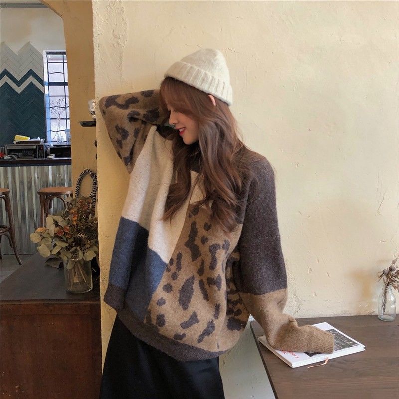 TWINFLAMES Inverno vintage leopardo retalhos camisola casual cashmere malha pullovers senhoras outwear jumpers
