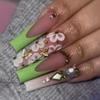24Pcs Long Square Press On Nails Leopard Print French 3D Cherry Design False Nail Rhinestone Wearable Full Cover Fake Nails Tips