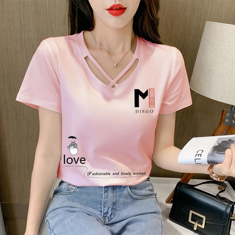 2025 Women's Korean Style V-Neck Short-Sleeve Solid Color T-Shirt