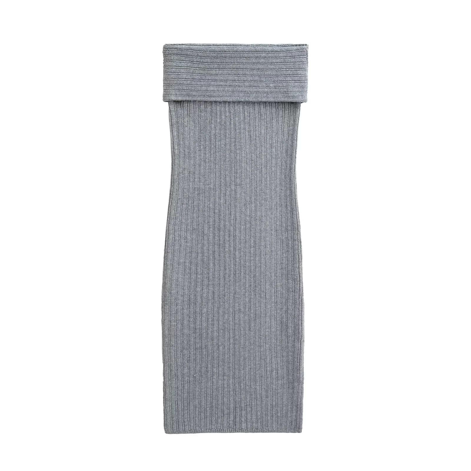 

Mature Retro Fold-over Waist Knit Midi Skirt for Women - Slimming Hip-hugging Grey Skirt for Autumn/Winter Small светло-серый