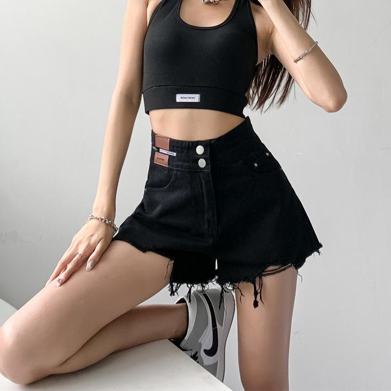 Spodnie Letnie Klasyczne i Minimalistyczne Moda Wszechstronne Bardzo Wysoki Stan Oznakowanie Damskie Rząd Guzików Luźne Szerokie Nogawki Cienkie Postrzępione Pod Letnie Jeansowe Szorty