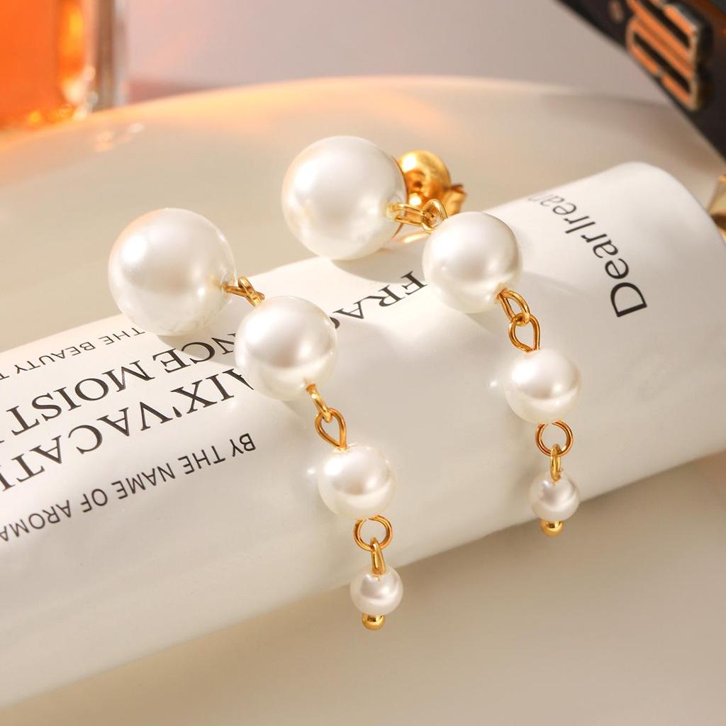 18k Gold Pearl Tassel Stainless Steel Earrings - Elegant Luxury Studs for Women
