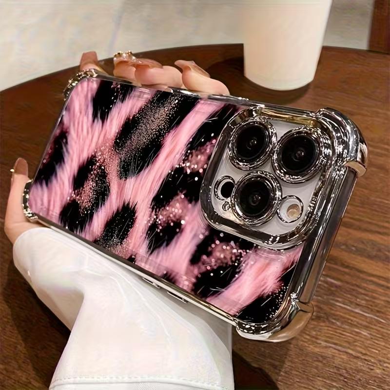 Plating Phone Case For Xiaomi Redmi 15 A3 15C 14C 13C K50 A1 Note 15 14 13 12s Pro Plus 5G Anti Fall Airbag Popular Pink Leopard