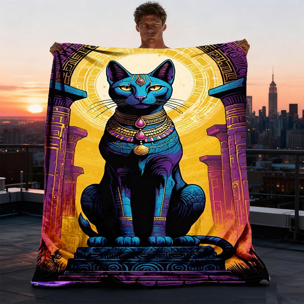 1pc Egyptian Cat Statue Throw Blanket Polyester Fiber, Lightweight Flannel, Soft & Warm, All Season Use for Outdoor, Camping Digital Print