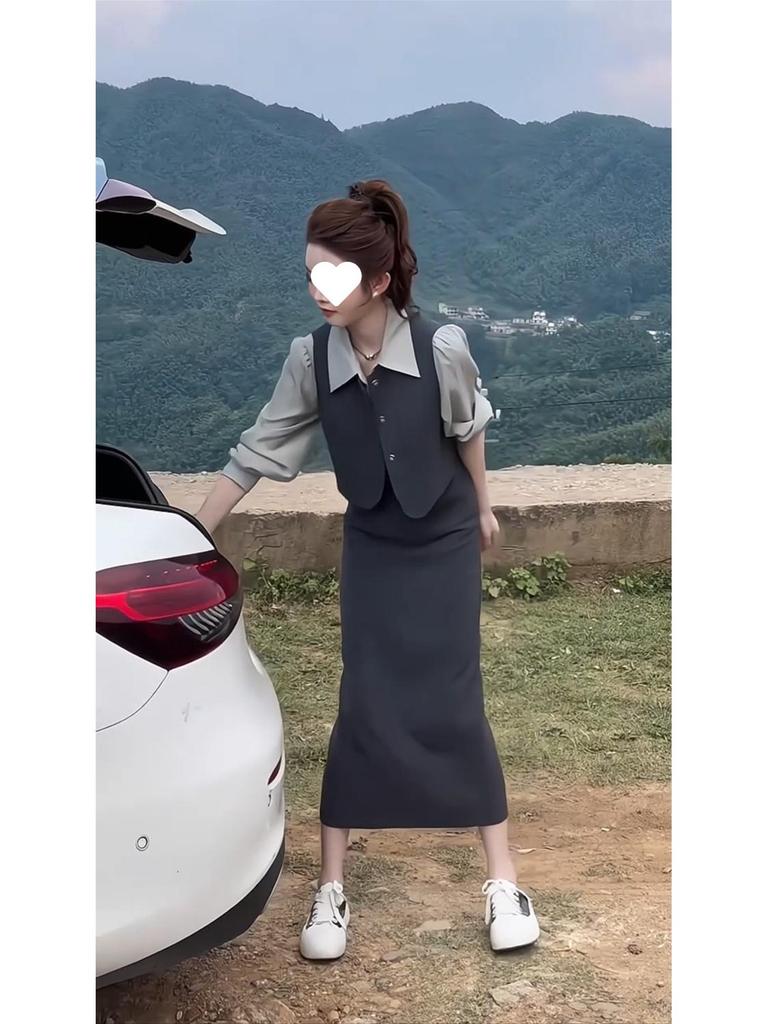 Early Spring Women's Mature Suit: Sleeveless Vest, Shirt, Wide-Leg Pants Petite 3-Piece Set