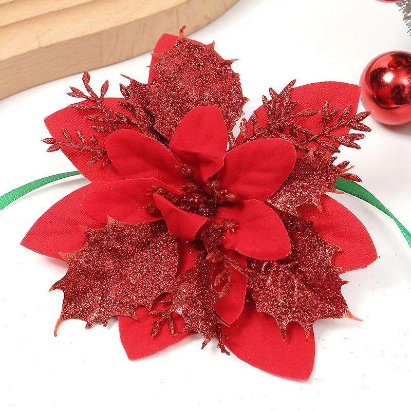 10PCS Christmas Flowers Glitter Artificial Poinsettia Floral Xmas Tree Ornaments DIY Garlands Home Wedding Party Decor