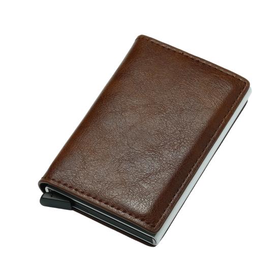 Pánská peněženka z umělé kůže s RFID blokováním, trojdílná, se štíhlým výsuvným držákem na karty, kovové hliníkové pouzdro na karty