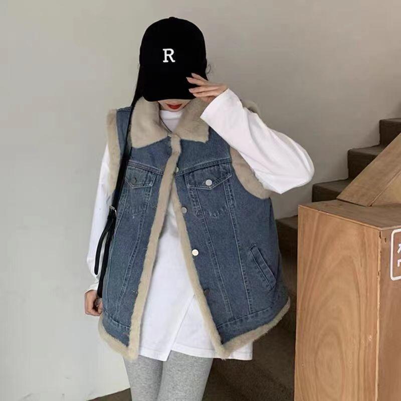 Lamb wool denim vest girl autumn and winter clothing new junior high school students fleece thickened vest jacket