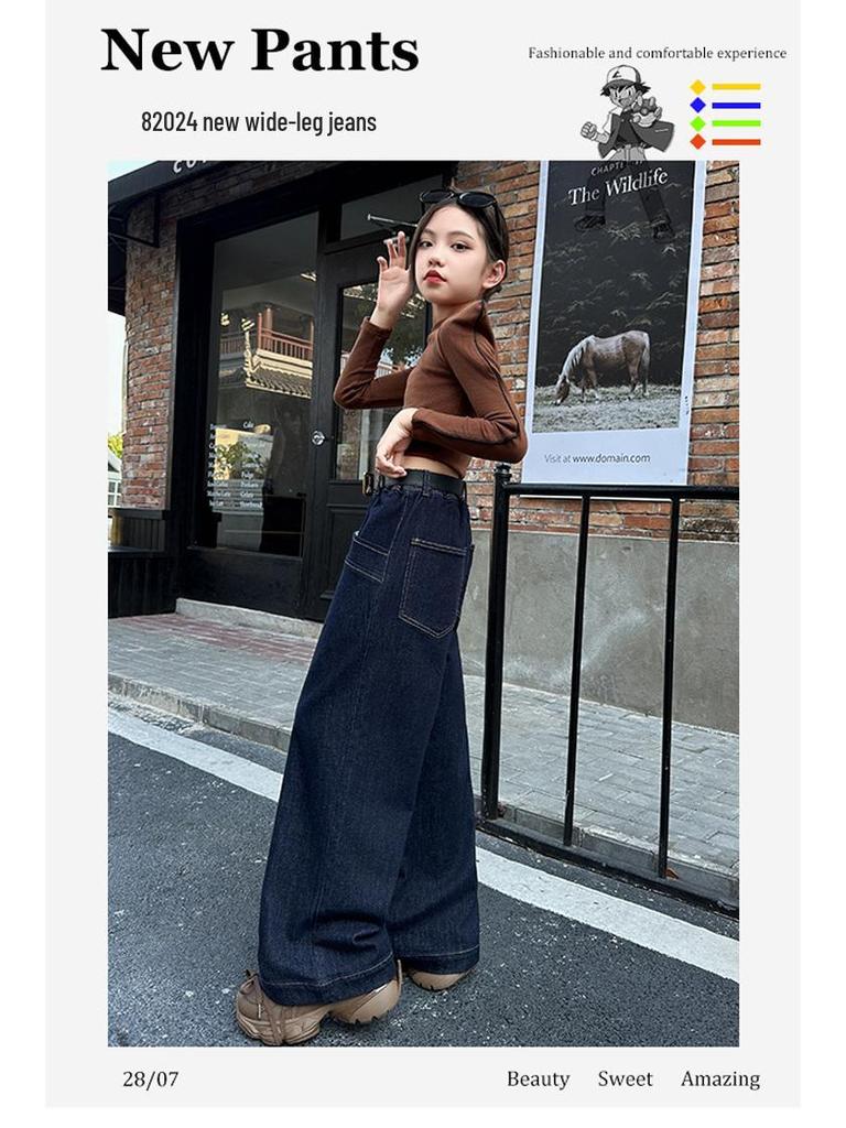 Winter 2025 Girls' Fleece-Lined Wide-Leg Jeans - Warm, Solid Color, Casual Long Pants