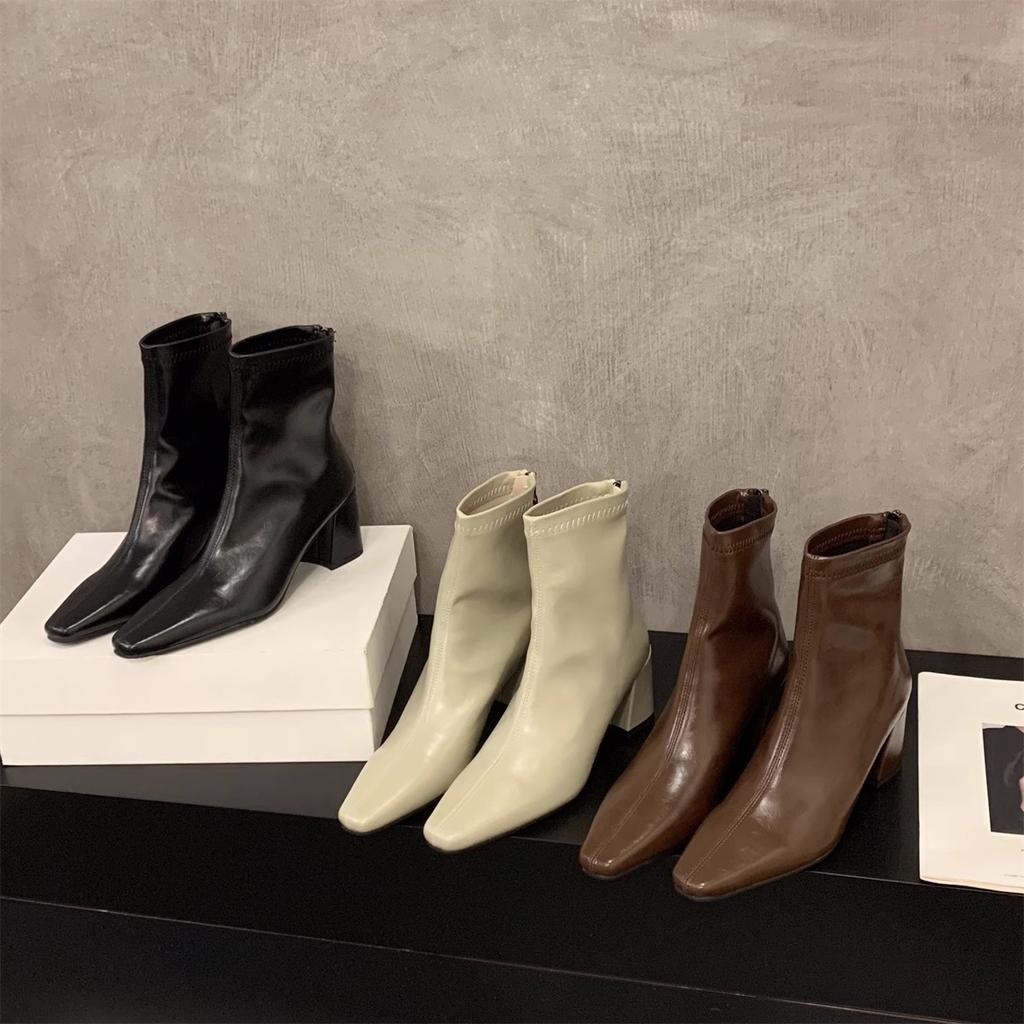 High Heel Square Head Brown Martin Boots Women's Shoes 2025 New Spring and Autumn Single Boots with Skirt French Small Bare Boots Short Boots