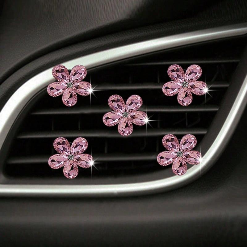 5pcs Pink/White Crystal Car Air Vent Fragrance Decoration Clip, Auto Interior Decor Accessories