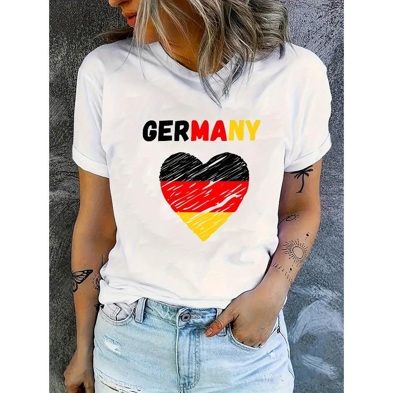 

European sizes Germany Heart Flag Print Casual T-Shirt - Women s Fashion Trendy Tee, Crew Neck, Short Sleeve, Comfort Fit Top 4XL білий