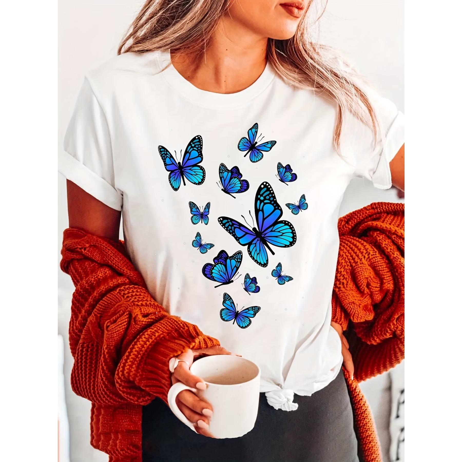 Butterfly Fashion Letter Print T-Shirt, Short Sleeve Crew Neck Casual Top for Summer & Spring, Women s Clothing S белый