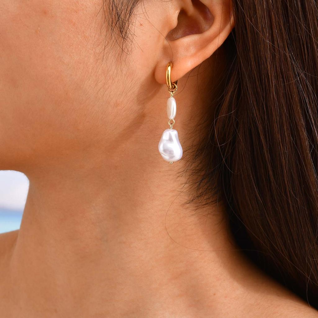 Chic Imitation Baroque Pearl Pendant Earrings,Stainless Steel Heart-shaped Stud Earrings,Dainty Earring for Women Jewelry Gift