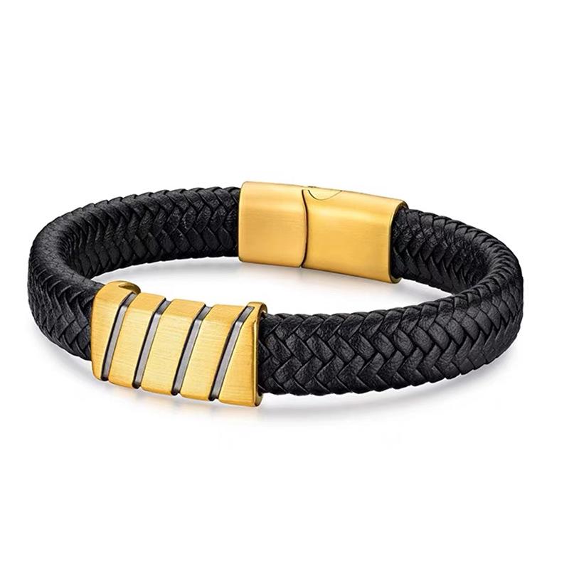 Gold Plated Black Retro Leather Rope Bracelet Gift for Boyfriend