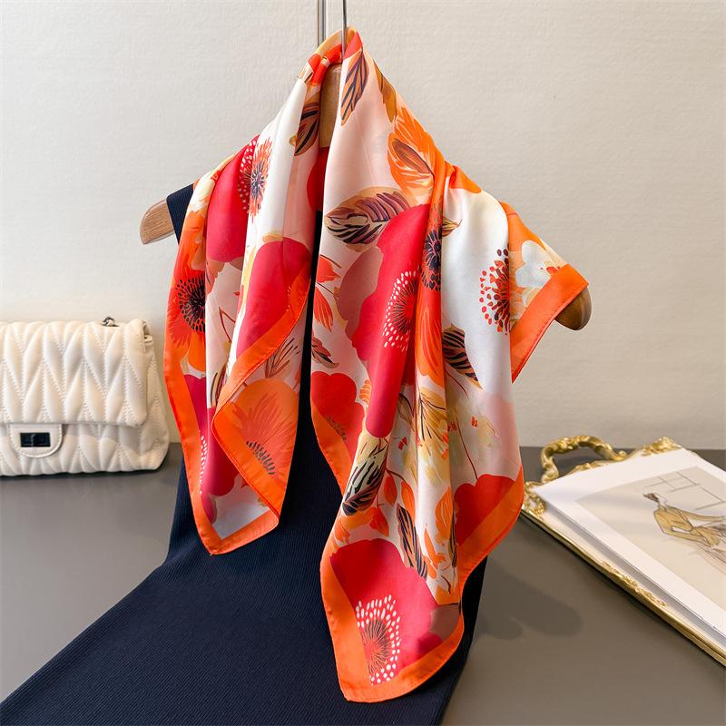 2026 New Fashion Luxury 70cm Square Silk Women's Scarf Flower Printed Satin Scarves Shawl Designer Headband Bandana