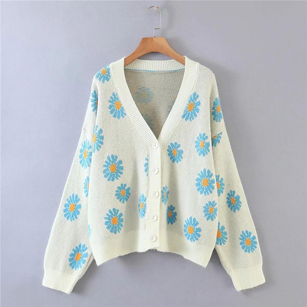 Women's  And Winter Fashion Flower Cardigan Sweater V-neck Long-Sleeved Sweater Women