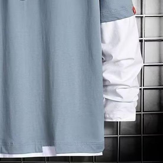 Men Spring T-shirt Fake Two-piece Round Neck Long Sleeves Loose Pullover Keep Warm Contrast Color Friendly to Skin Men Top Men Clothes