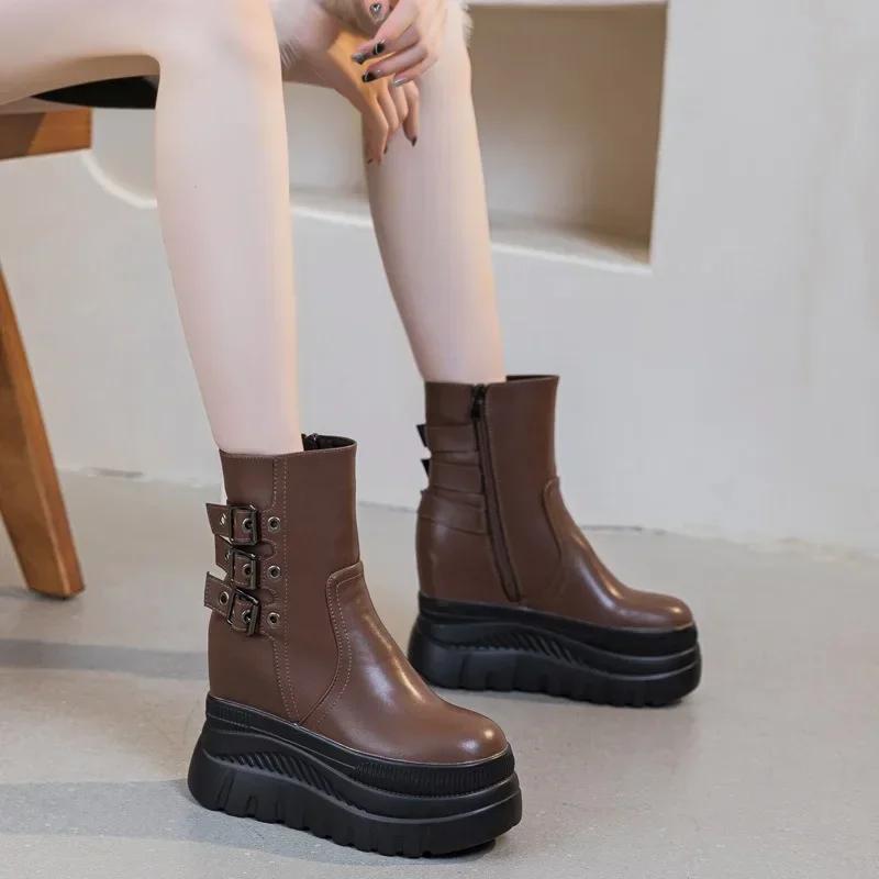 Fashion New 2cm Genuine Leather Women Boots Causal Knee High Boots Shoes Motorcycle Ankle Booties Platform Wedge Thick Sole ZIP Shoes