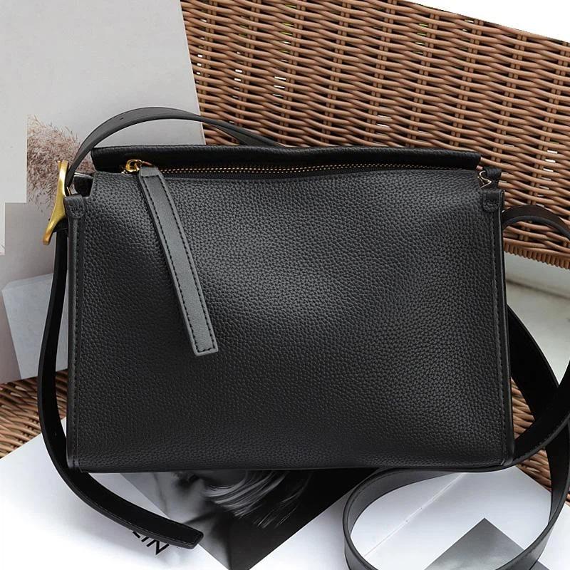 Genuine Leather Women's Shoulder Crossbody Black Bags Luxury Designer Cowhide Wide Shoulder Straps Gray Pillow Bag Ebony Gray
