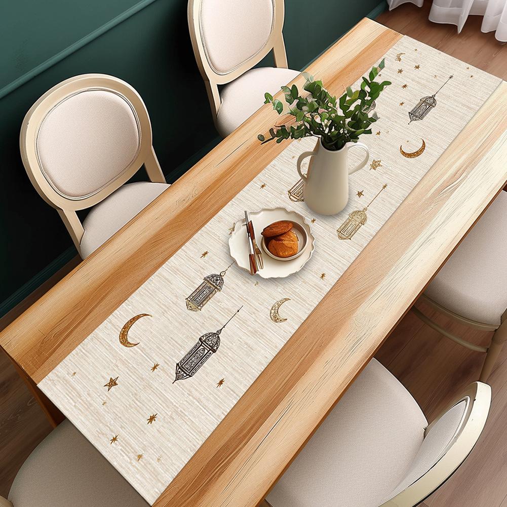 Ramadan Star Moon Lantern Table Runner 180×35cm Festival Decoration, Premium Wrinkle-Resistant Polyester Elegant Printed Design