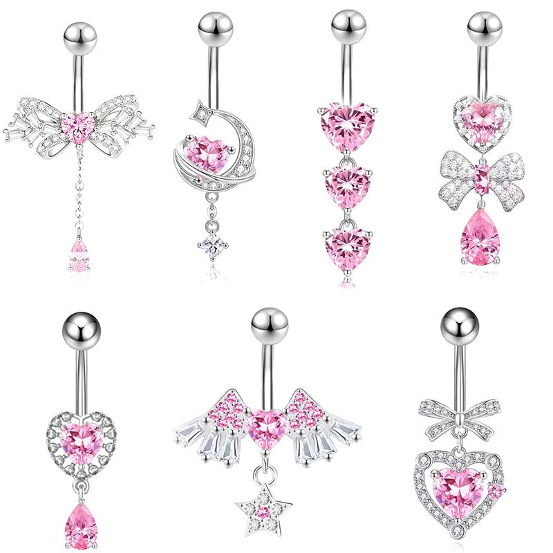 Pink Zircon Belly Button Rings Stainless Steel Heart Butterfly Navel Piercing Barbell For Women Beach Belly Ring Body Jewelry