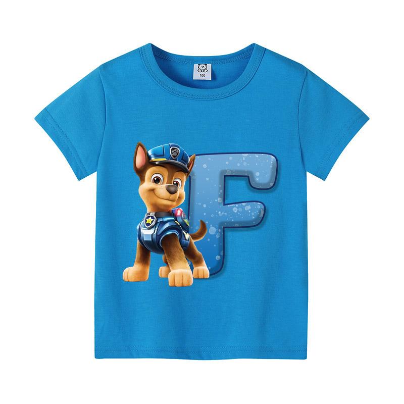 Cute PAW Patrol Blue T-shirt Boys Clothes Letter A-Z Printed Short Sleeve Cartoon Fashion Kids Birthday Toddler Cotton Tops Gift