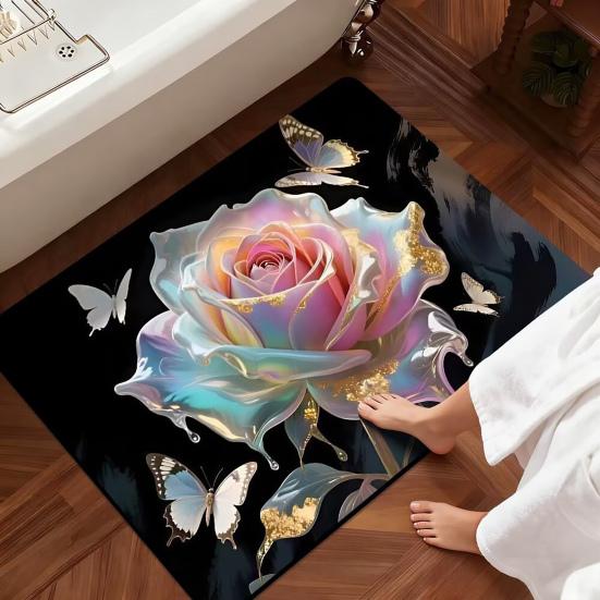 Yousheng 3D Rose Bathroom Rug Realistic Rose And Butterflies Floor Mat Absorbent Non-Slip Rug for Entrance Kitchen Bedroom Living Room