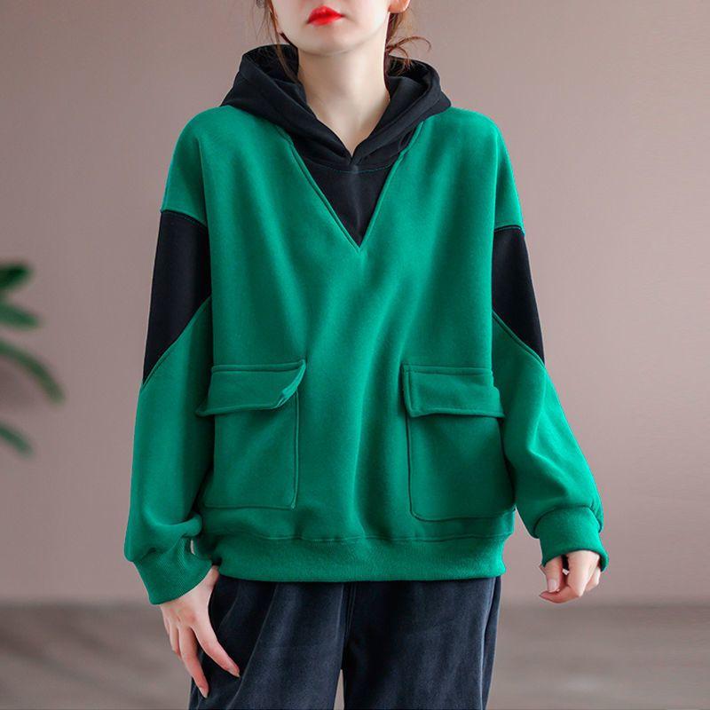 Женский свитер с капюшоном из хлопка и бархата подходящий по цвету на осень свободный и тонкий женский пуловер 3XL зелёный 2949₽