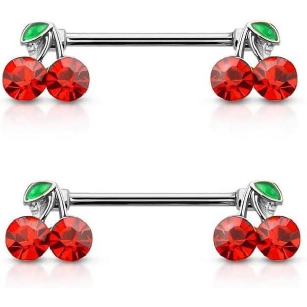 

Штанги для сосков с пирсингом Owl, 14GA, нержавеющая сталь 316L Lucky с двойными фианитами и вишневыми концами, продаются парой Silver Tone