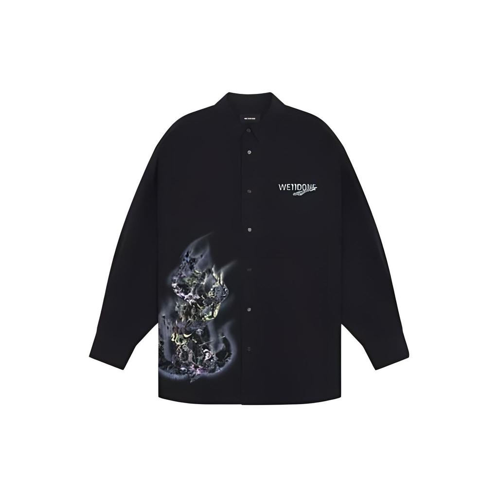 WE11DONE FW23 Logo Print Faded Effect Long Sleeve Shirt Unisex Shirts Black WD-SH3-23-158-U-BK