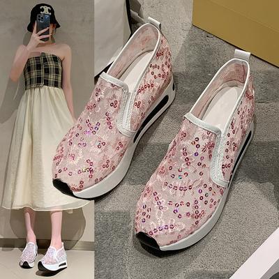 Inner Raised Single Shoe Women's Spring and Summer Korean Version Lace Sequin Mesh Casual Set Foot Muffin Thick Sole Women's Shoes