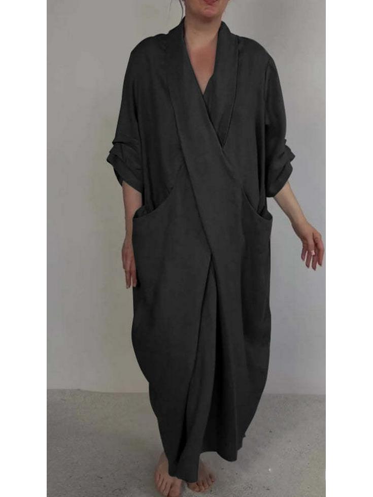 2026 Autumn Linen V-Neck Bathrobe Dress with Pockets - Solid Color, Casual, Loose, Slit Design