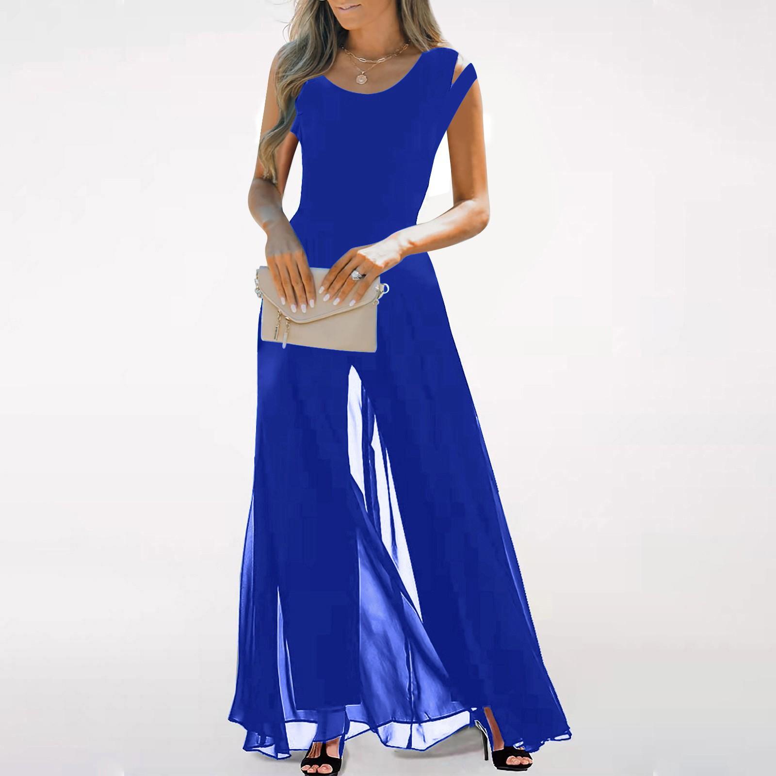 

Женский повседневный шифоновый комбинезон без рукавов с высокой талией и круглым вырезом, свободный комбинезон, длинные брюки S синий