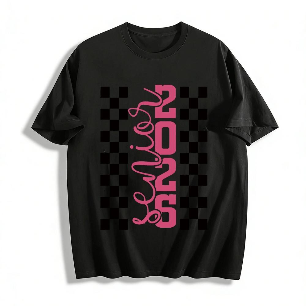 

2026 Trendy Checkerboard Print Casual Loose Short Sleeve Top Pure cotton T-shirt XXS