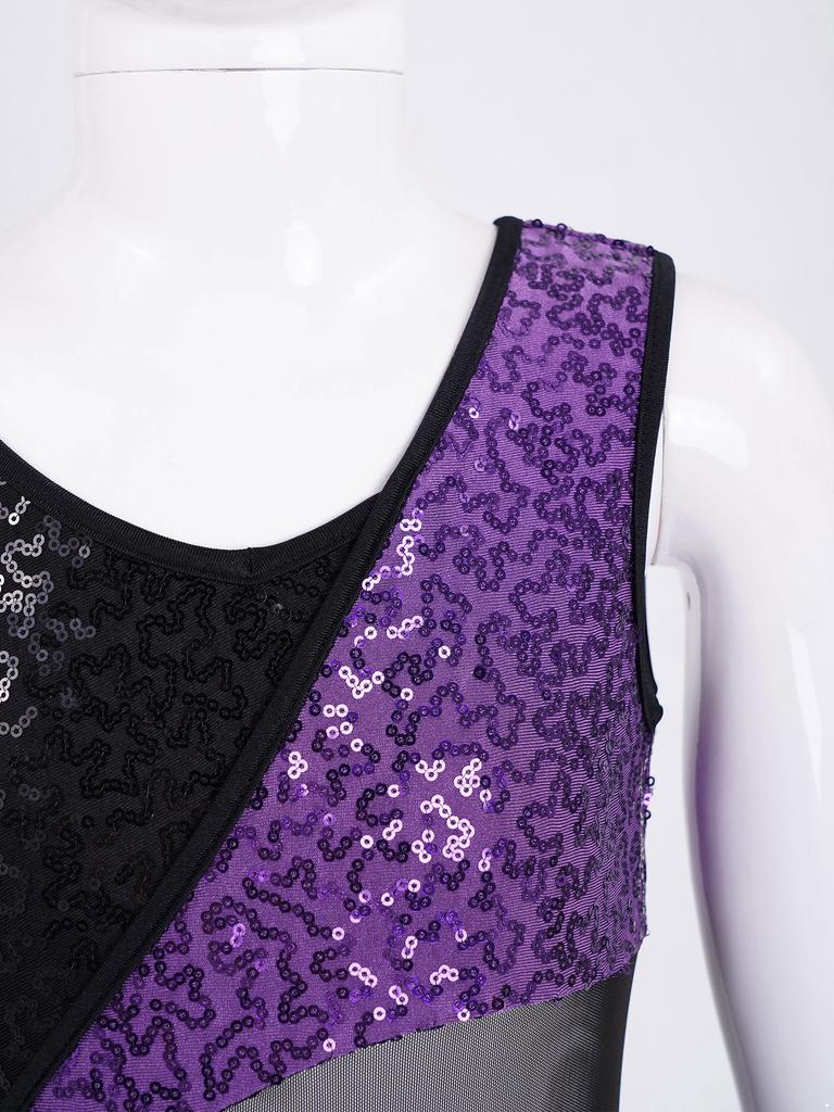 Mädchen Glitzernde Tanzbekleidung mit Rüschensaum-Design und Mesh-Patchwork-Stil