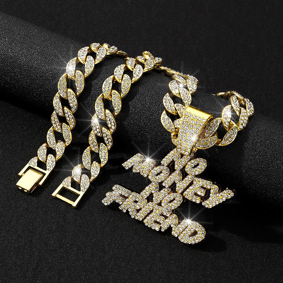 European and American New Product Full Diamond Letter NO MONEY NO FAIEND Hip Hop Personalized Alloy Pendant Cuban Chain