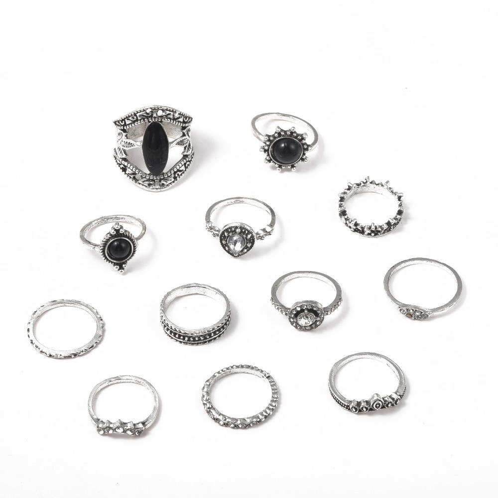 Ring, Retro And Old Point Diamond, Black Gemstone 12-Piece Set, Ring Alloy Jewelry.