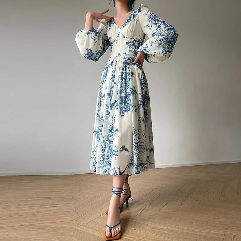 

Женское длинное платье с принтом, рукавами-фонариками, V-образным вырезом, высокой талией, элегантные платья для женской модной клубной праздничной вечеринки S синий