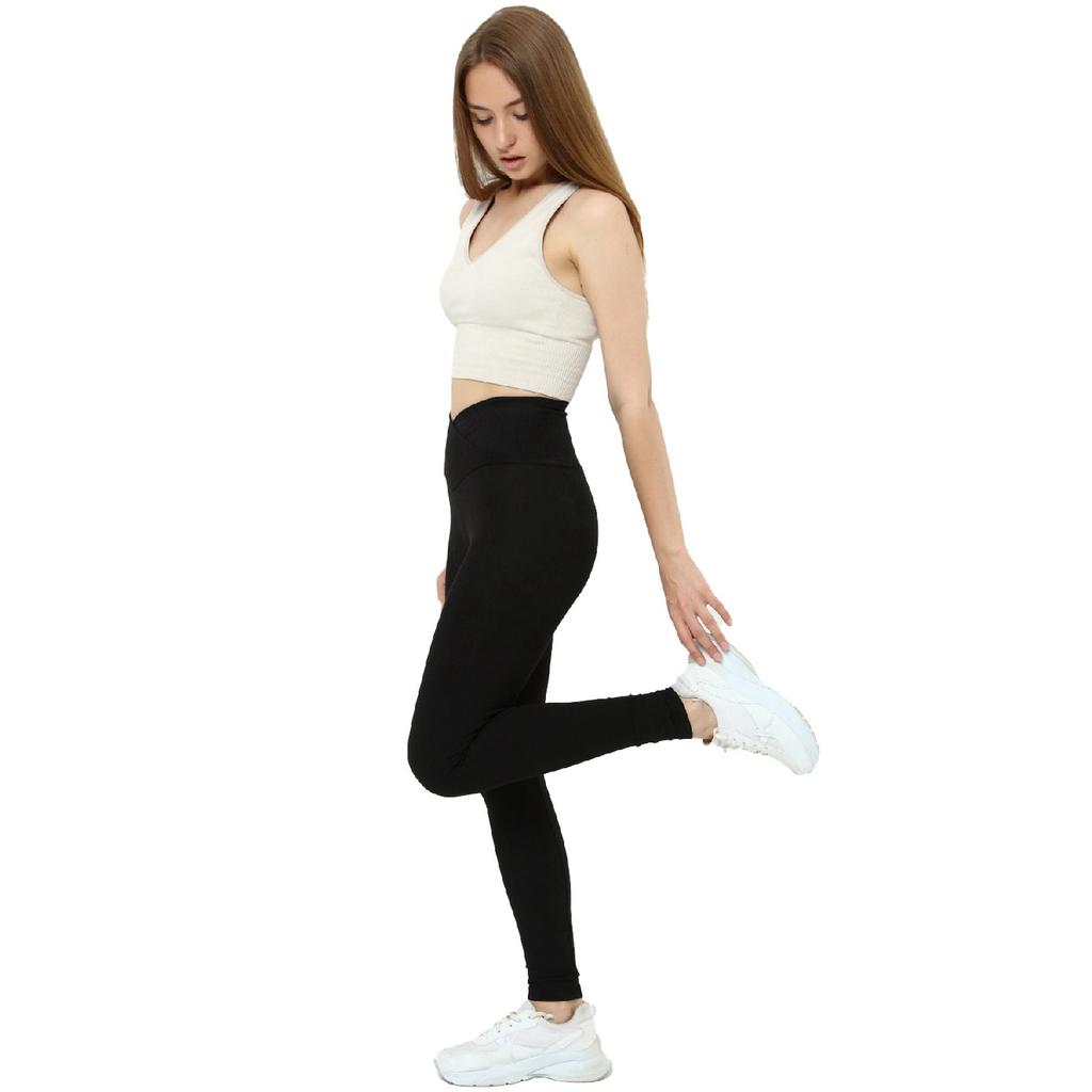 Women's Black Cross Waist Tights With Ribbed Wrap And Fleece Inside