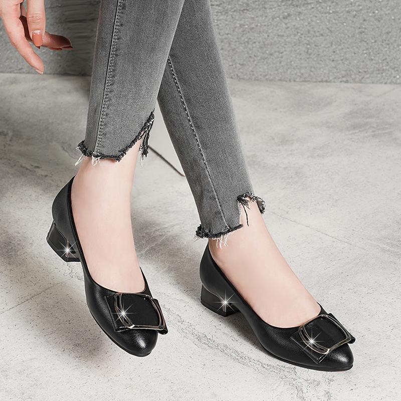 Brand Shoes Thick Heel Ladies Pumps Genuine Party Wedding Shoes Women Soft Cowhide Black Office Work Shoes