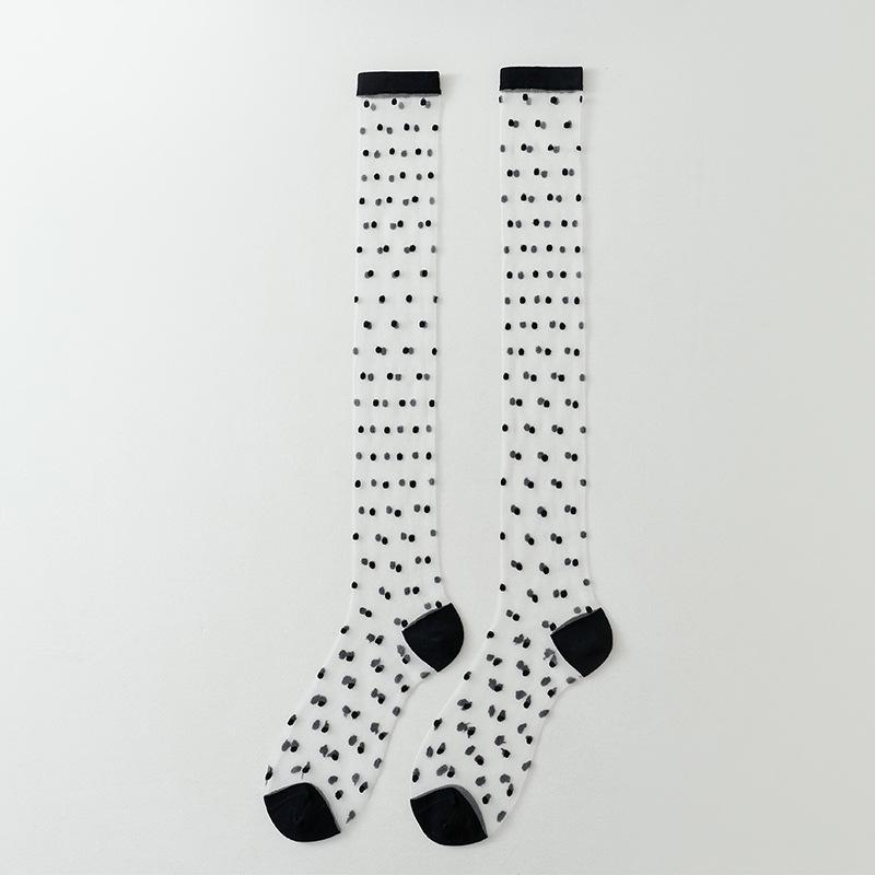 One-Piece Korean Style Polka Dot Silk Mesh Slouch Socks - Women's High Top Thin JK Lolita Calf Socks