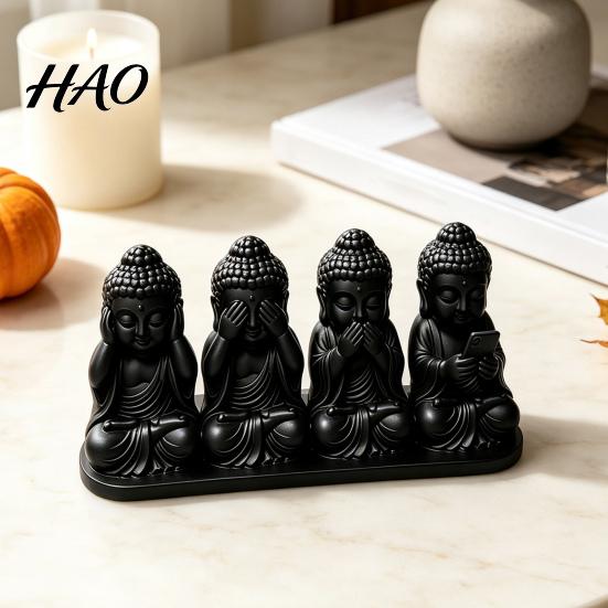 Artistic Tabletop Centerpiece 4-in-1 Mini Buddha Statue, See Hear Speak No Evil And Phone, 3D Printed Trendy Office Gadgets Zen Monk Feng Shui